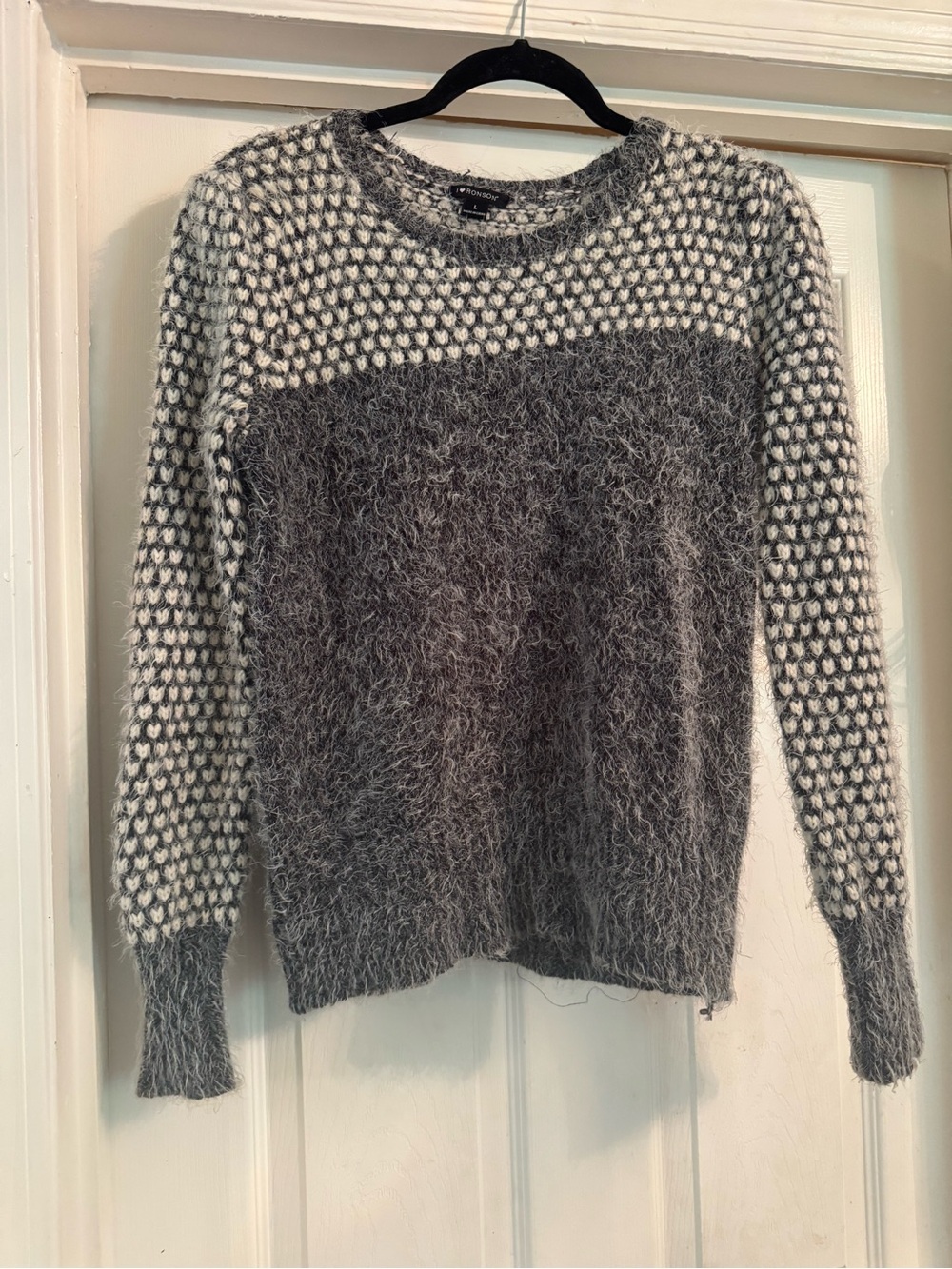 Gray & White Fuzzy Crewneck Sweater